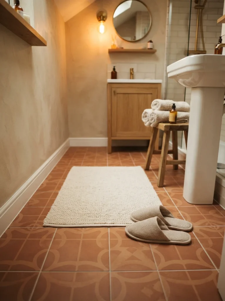 Heated flooring installed beneath new tile in a small bathroom, warm bathroom lighting, vertical Pinterest photography, warm heated-floor styling.