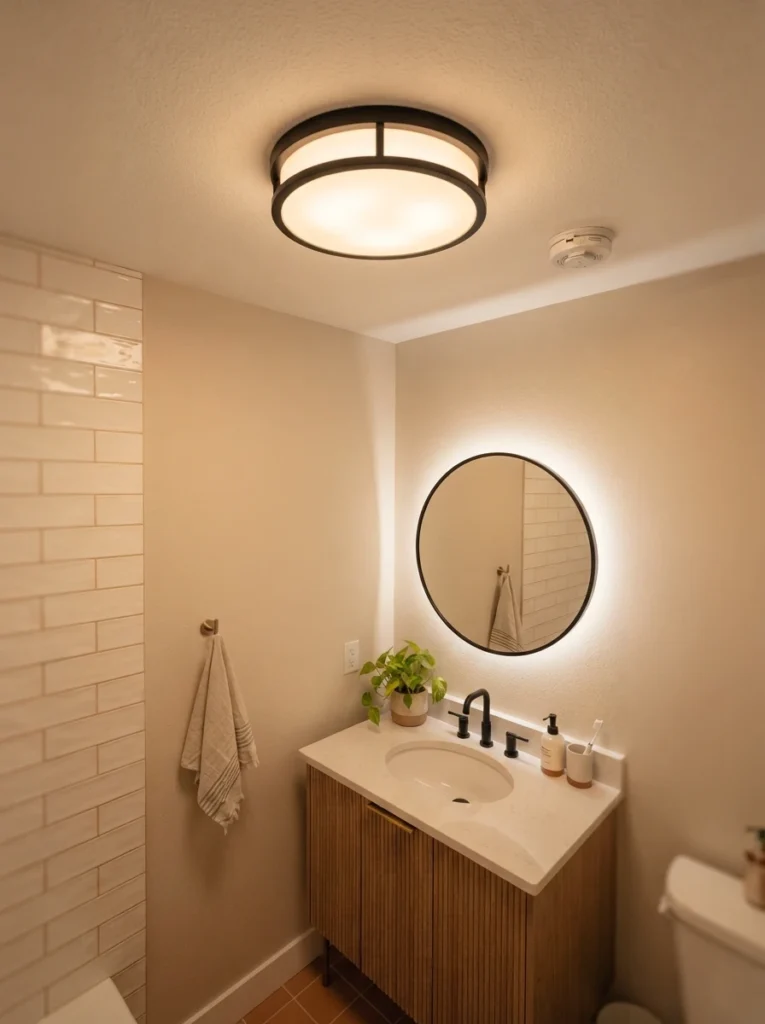 A modern flush-mount light fixture in a small bathroom, replacing a dated boxy fixture, warm bathroom lighting, vertical Pinterest photography, warm modern-fixture styling.