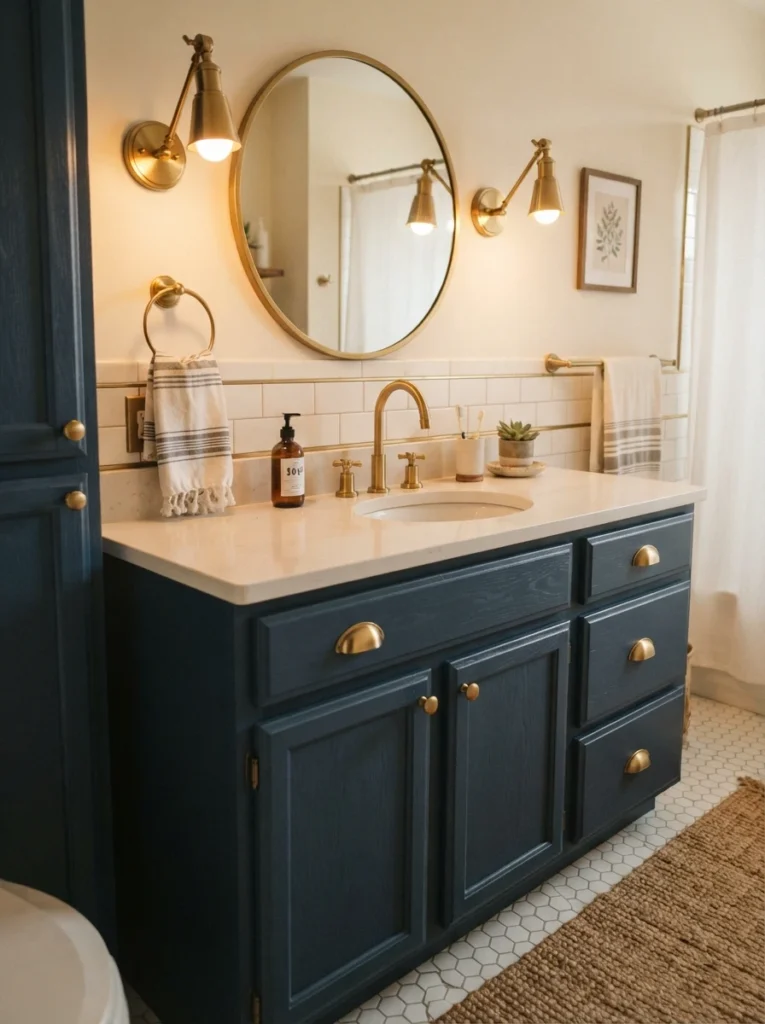 New brass hardware and fixtures installed on existing bathroom cabinetry, updated look at low cost, warm bathroom lighting, vertical Pinterest photography, warm hardware-swap styling.