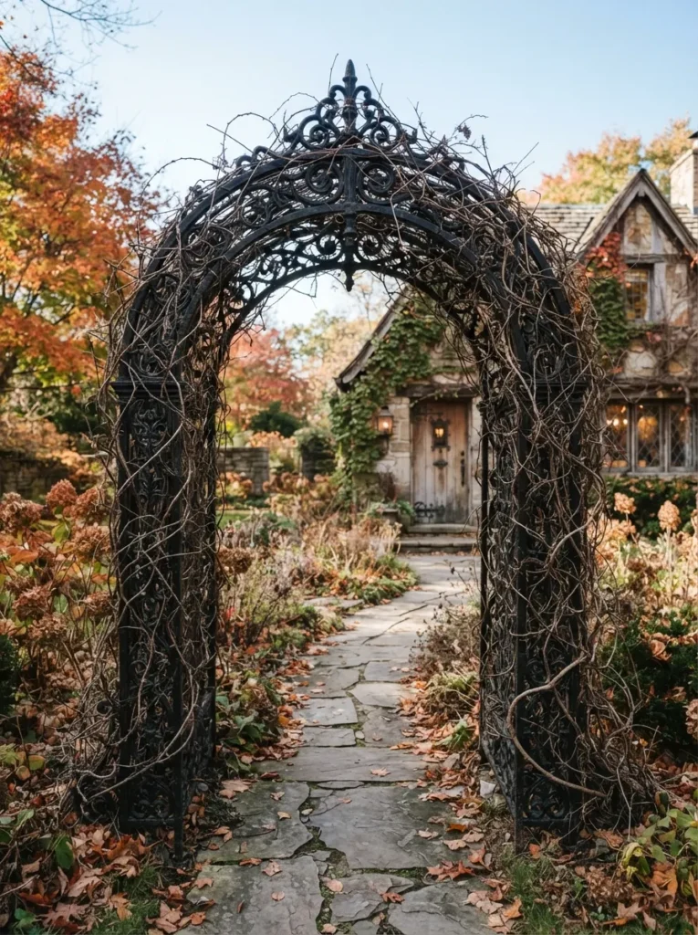 ![A black wrought-iron garden archway over a front sidewalk, wrapped in sparse dead faux vines, creating a looming entrance, crisp autumn daylight, vertical Pinterest photography, gothic garden architecture styling.]