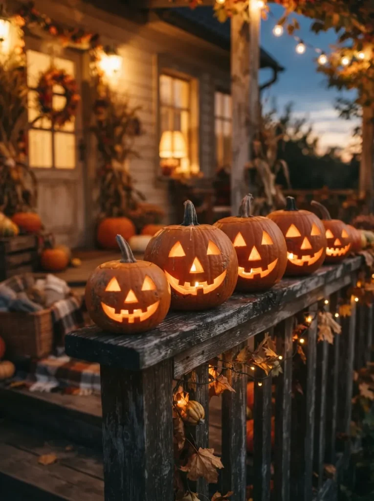 ![Group of classic smiling jack-o’-lanterns with traditional triangle eyes on a porch railing, warm evening light, vertical Pinterest photography, nostalgic jack-o-lantern styling.]
