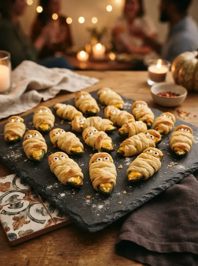 ![Baked jalapeño poppers wrapped in strips of crescent dough to look like mummies, featuring small candy eyes, resting on a dark slate tray, warm party lighting, vertical Pinterest photography, chic savory appetizer styling.]