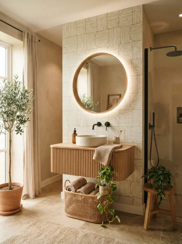 Bamboo shelving and accessories in a small Japandi bathroom, natural fiber texture throughout, warm bathroom lighting, vertical Pinterest photography, warm bamboo-accent styling.
