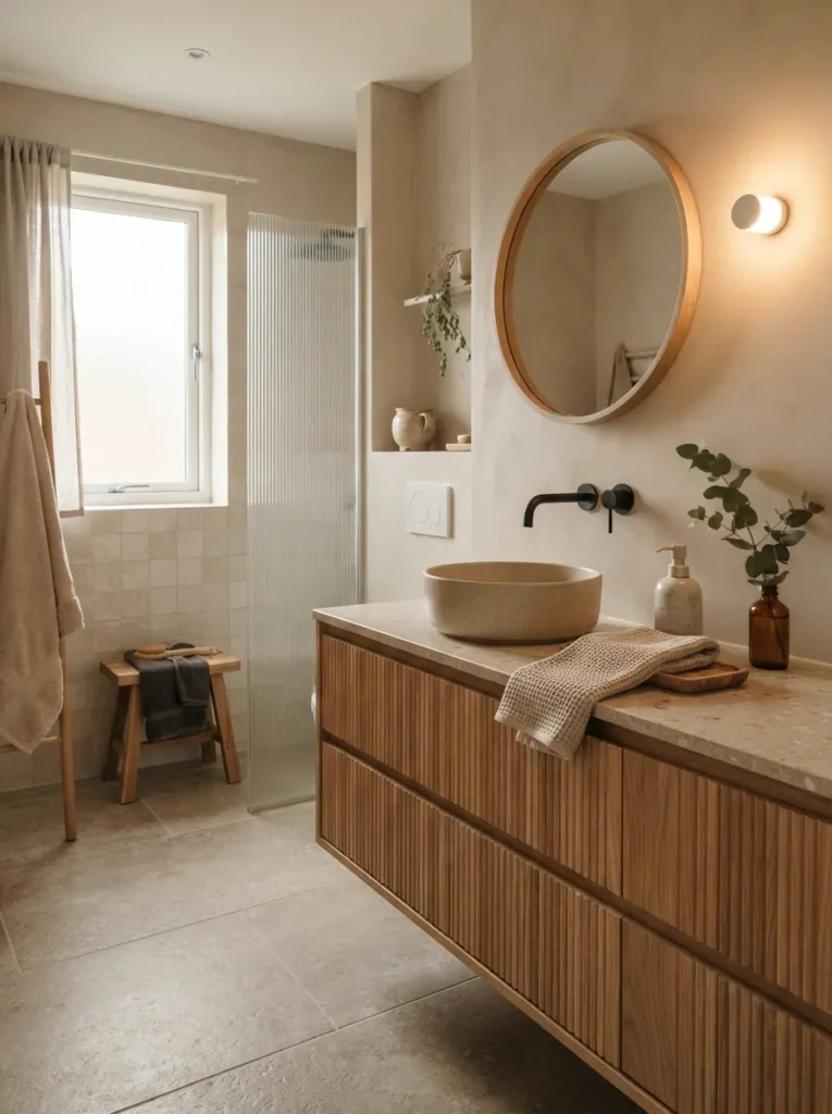 A bamboo bath tray across a soaking tub in a Japandi bathroom, holding a ceramic cup and smooth stone, warm bathroom lighting, vertical Pinterest photography, warm bath-tray styling.