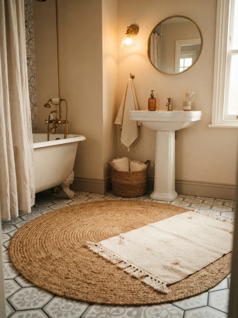 A jute rug layered over bathroom tile, adding natural texture, warm bathroom lighting, vertical Pinterest photography, warm jute-rug styling.