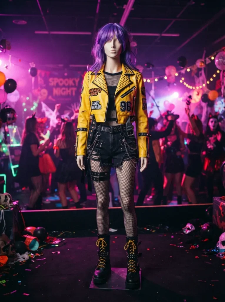 ![Rumi inspired KPop Demon Hunters Halloween costume, young woman wearing a bright yellow cropped jacket, black shorts, lace-up boots and long purple hair, dramatic K-pop inspired makeup, neon pink and purple party lighting, energetic Halloween setting, realistic photography, vertical Pinterest composition, no text.]