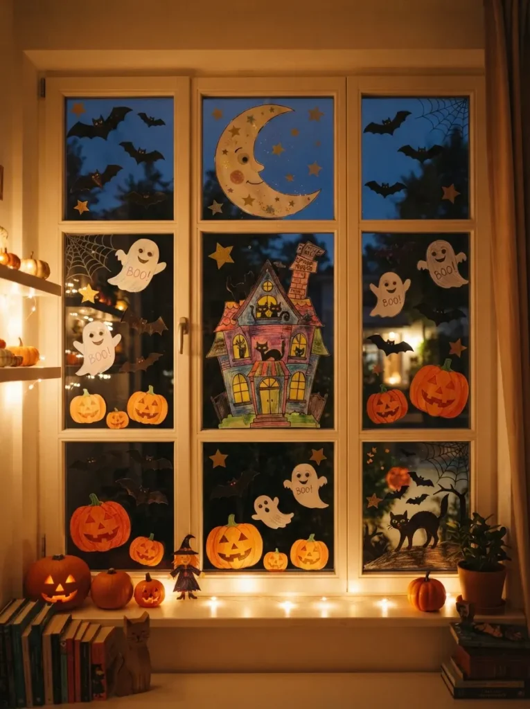 A complete kid-made Halloween window scene with a paper moon, haunted house, flying bats, friendly ghosts, pumpkins, stars, and a black cat, warm evening lighting, vertical Pinterest photography.