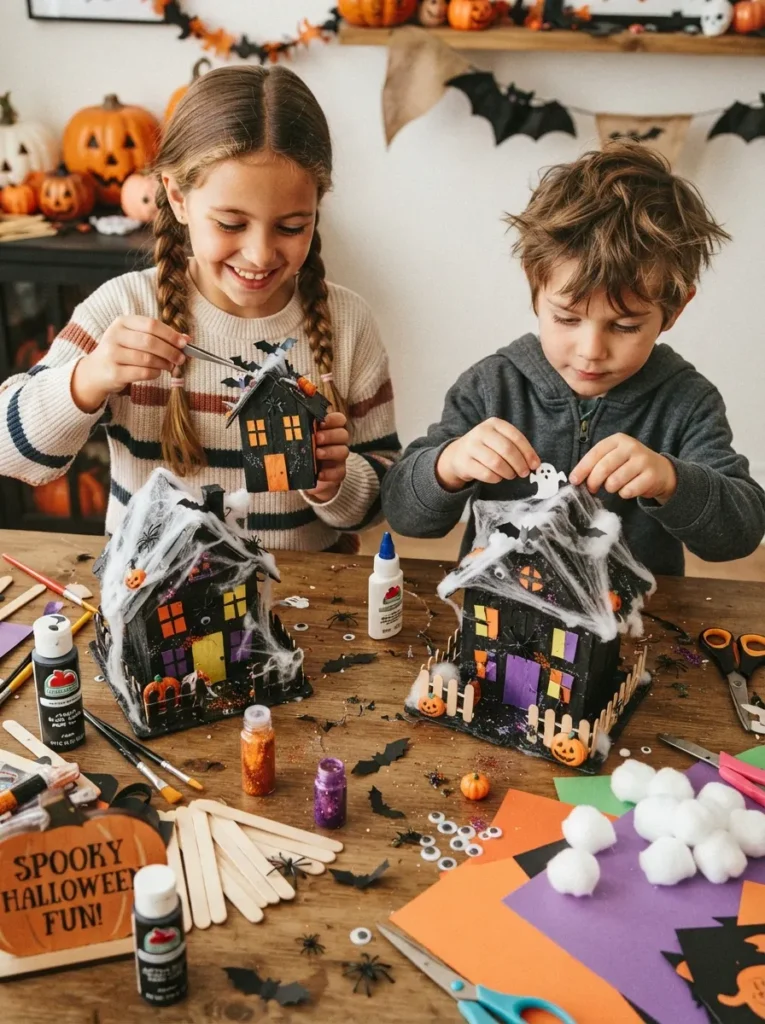 ![Kids making miniature popsicle stick haunted houses with black paint, crooked paper windows, cotton cobwebs, tiny bats, and colorful Halloween craft supplies, vertical Pinterest photography.]