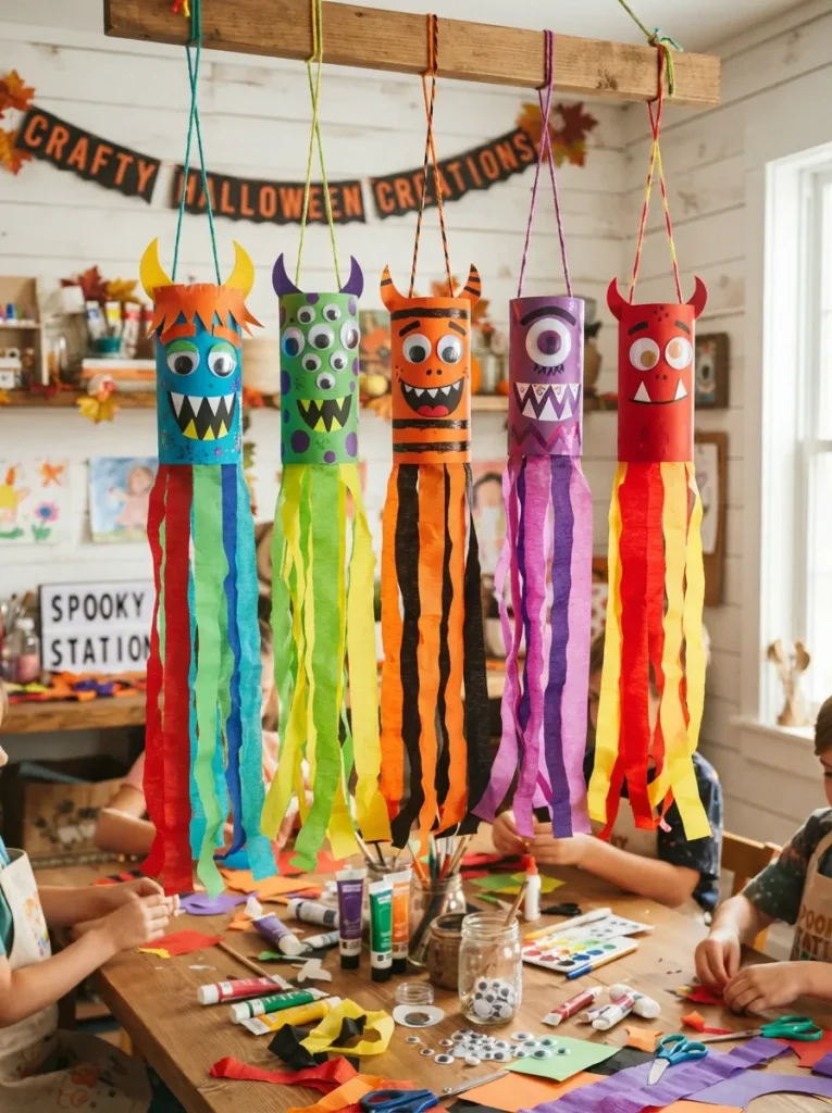 ![Colorful Halloween monster windsocks made by kids with paper tubes, googly eyes, teeth, horns, and long crepe paper streamers, bright craft room, vertical Pinterest photography.]