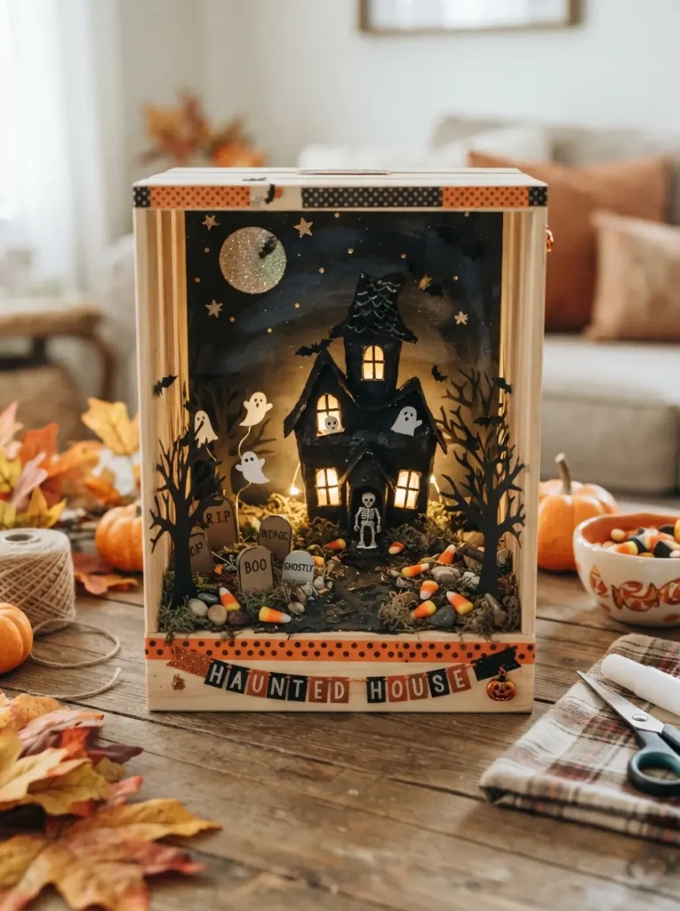 ![A detailed Halloween haunted house shadow box made by kids with paper trees, bats, ghosts, tombstones, a tiny house, and a soft battery light, vertical Pinterest photography.]