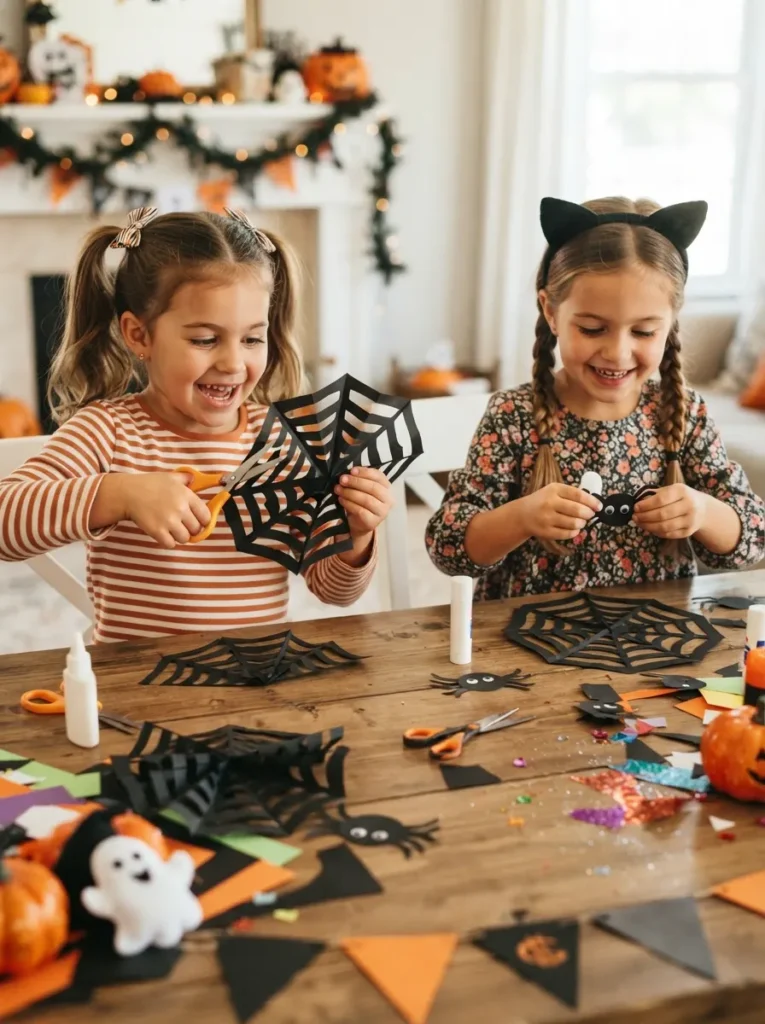 ![Kids creating black paper spiderweb decorations with child-safe scissors, paper spiders, glue, and Halloween craft supplies on a bright table, vertical Pinterest photography.]