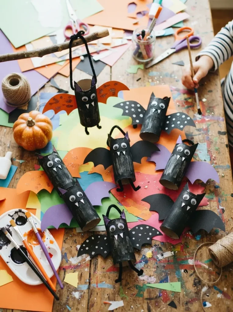 ![DIY Halloween cardboard tube bats made by kids with black paint, paper wings, pointed ears, googly eyes, and tiny fangs, colorful craft table, vertical Pinterest photography.]