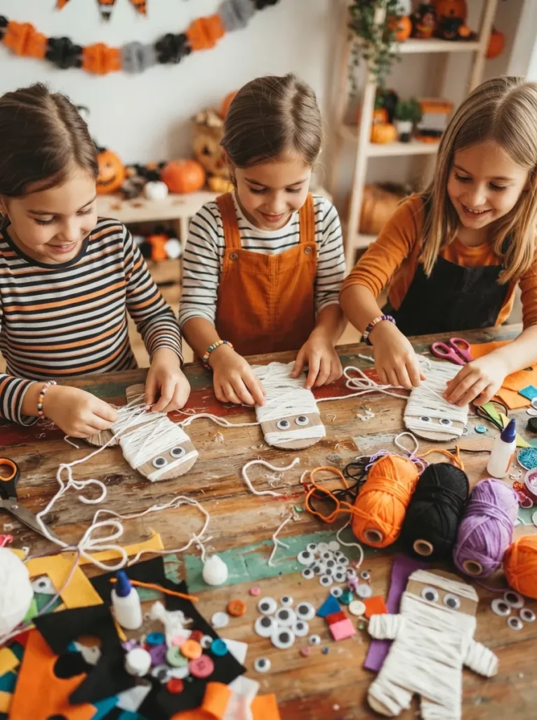 ![Kids making yarn-wrapped Halloween mummy crafts with white yarn, googly eyes, cardboard shapes, and colorful craft supplies, vertical Pinterest photography.]