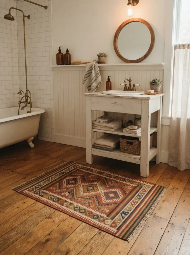![A woven kilim rug on a farmhouse bathroom floor, replacing a synthetic bath mat, warm bathroom lighting, vertical Pinterest photography, warm kilim-rug styling.]