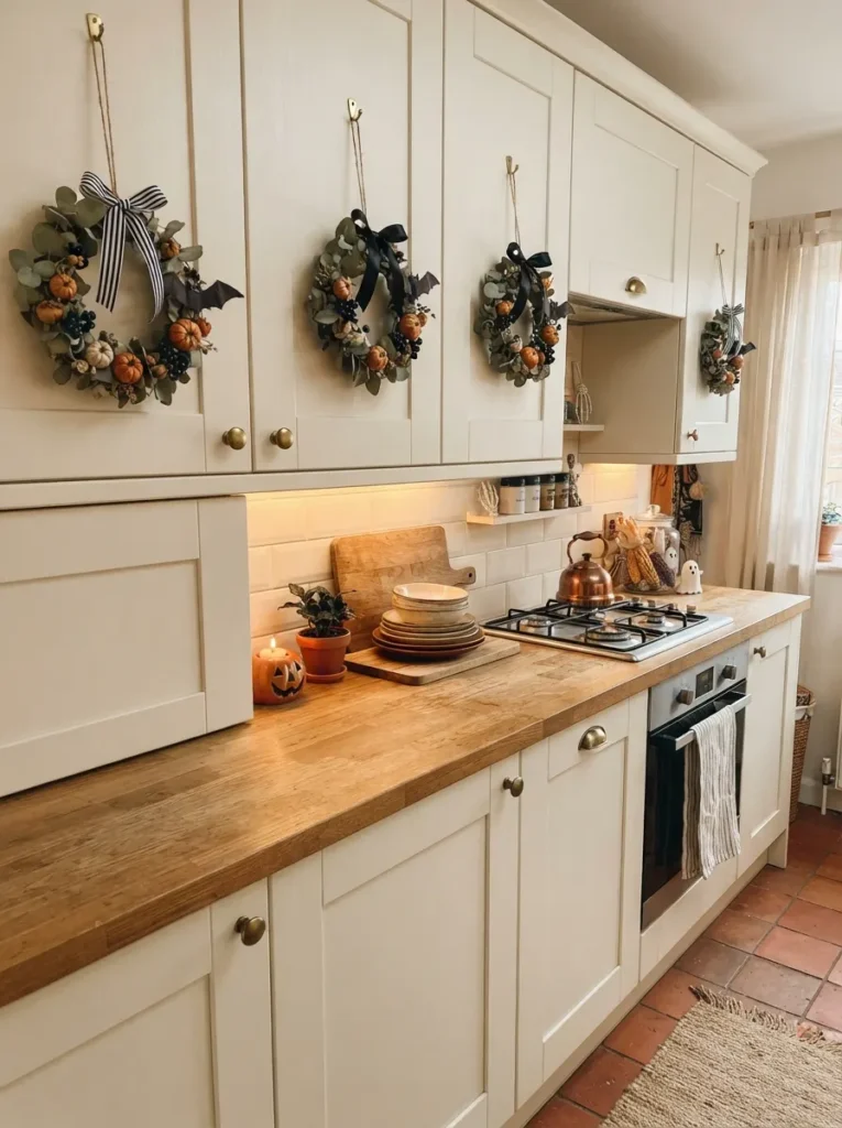 ![A warm cozy kitchen decorated for Halloween with small handmade wreaths attached to several cream-colored cabinet doors, miniature wreaths featuring black ribbon, tiny orange pumpkins, dried eucalyptus and small black bats, warm under-cabinet lighting, natural wood countertops, subtle seasonal accents, realistic kitchen photography, vertical Pinterest composition, no text.]
