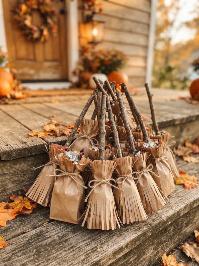 Brown kraft paper bags fringed at the top and tied tightly around rustic twigs with twine, resembling miniature witch broomsticks, clustered together on a porch step, warm autumn daylight, vertical Pinterest photography, clever broomstick favor styling.