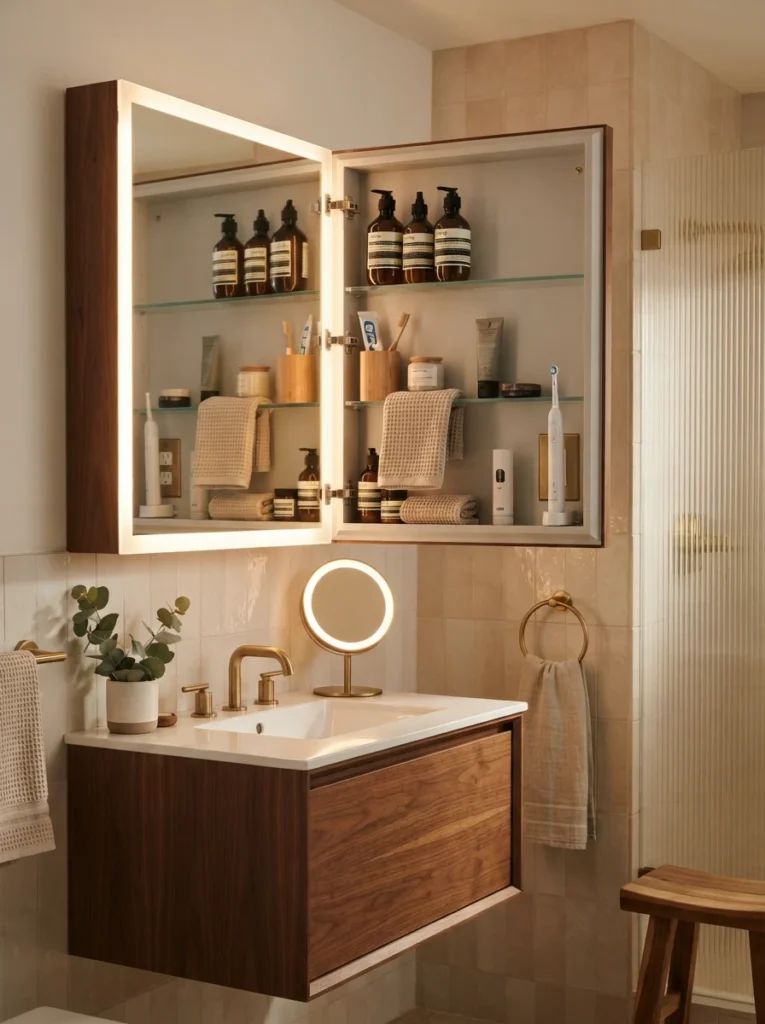 An LED-lit medicine cabinet with a built-in outlet in a modern bathroom, warm bathroom lighting, vertical Pinterest photography, warm LED-cabinet styling.