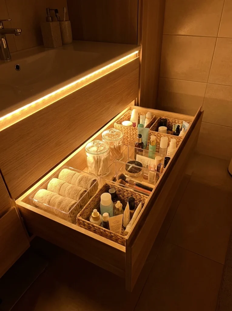 A deep bathroom drawer with LED strip lighting installed, contents clearly visible, warm bathroom lighting, vertical Pinterest photography, warm illuminated-drawer styling.