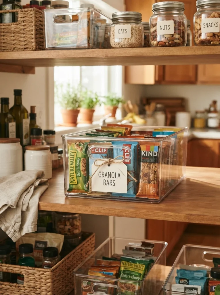 A specifically labeled bin reading "granola bars" instead of a general category label, warm kitchen lighting, vertical Pinterest photography, warm specific styling.
