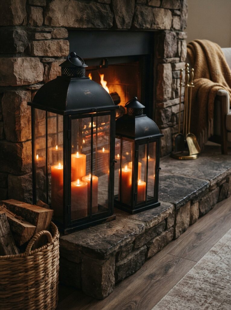 ![Oversized matte black metal floor lanterns resting on a hearth, filled with thick, deep orange pillar candles glowing warmly, cozy evening atmosphere, vertical Pinterest photography, classic lantern hearth styling.]