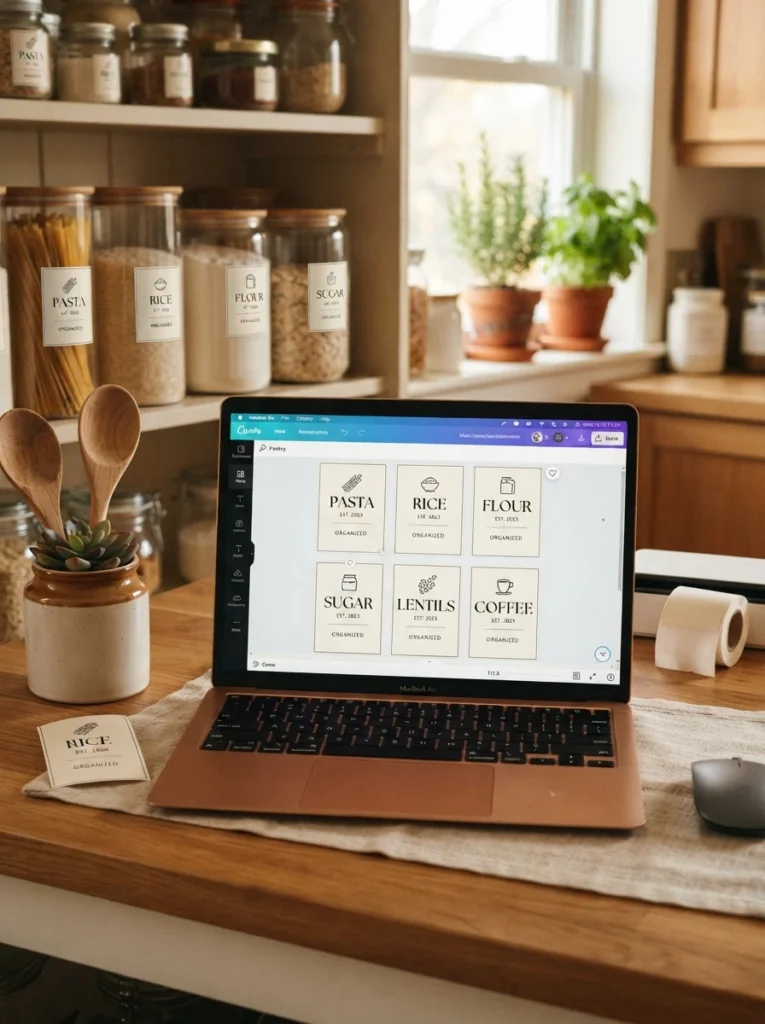 A label design template open on a laptop, ready to print new pantry labels, warm kitchen lighting, vertical Pinterest photography, warm template-ready styling.