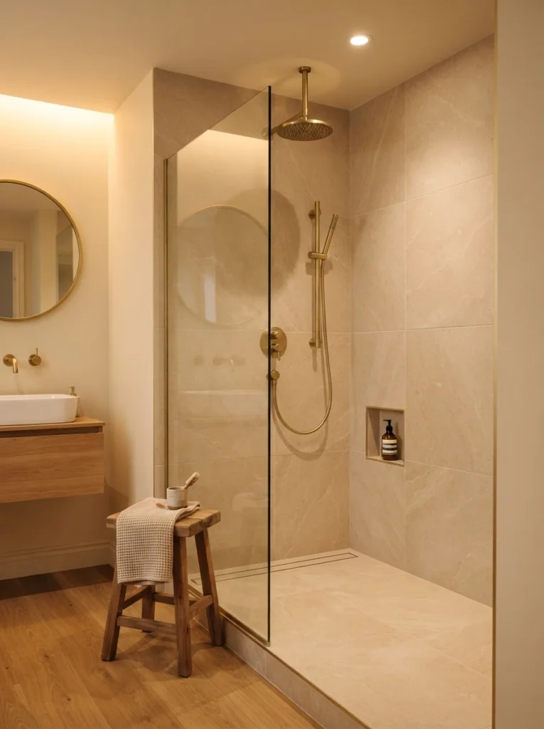 Large-format tile installed in a small walk-in shower, minimal grout lines visible, warm bathroom lighting, vertical Pinterest photography, warm large-format-tile styling.