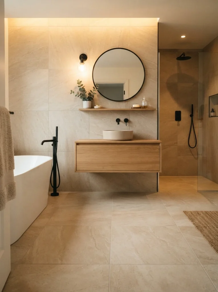 Large-format tile laid with matching dimensions across a modern bathroom floor and wall, joints aligning cleanly, warm bathroom lighting, vertical Pinterest photography, warm matched-dimension styling.