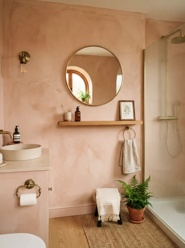 ![A limewash blush finish on bathroom walls, natural depth and variation, warm bathroom lighting, vertical Pinterest photography, warm limewash-finish styling.]