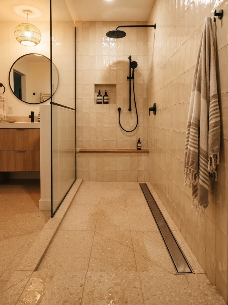 ![A linear drain installed in a narrow bathroom's walk-in shower, no curb interrupting the floor, warm bathroom lighting, vertical Pinterest photography, warm linear-drain styling.]