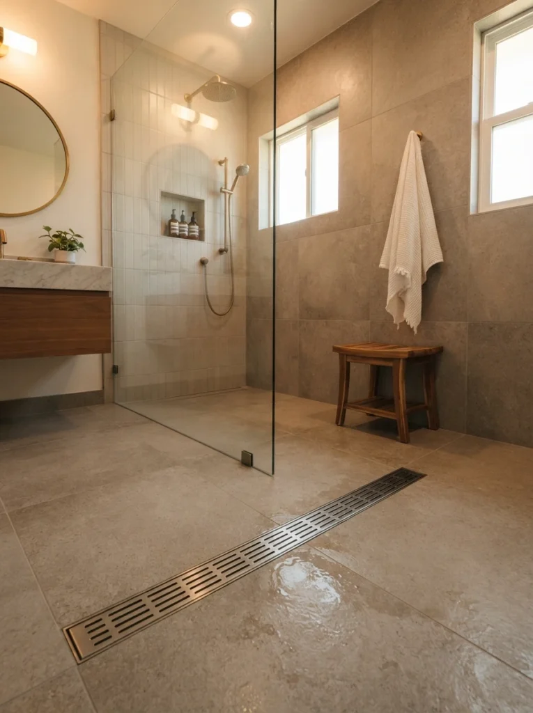 A linear drain installed along the edge of a small walk-in shower, flat seamless floor design, warm bathroom lighting, vertical Pinterest photography, warm linear-drain styling.