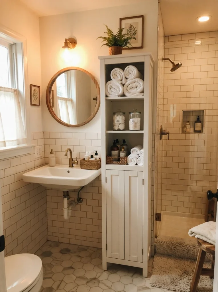 A slim linen tower added to a small bathroom that previously had no storage, warm bathroom lighting, vertical Pinterest photography, warm added-storage styling.