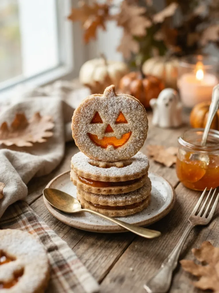 ![Delicate Linzer sandwich cookies dusted with powdered sugar, featuring a cutout jack-o'-lantern face revealing bright orange apricot jam glowing underneath, vertical Pinterest photography, elegant autumnal pastry styling.]