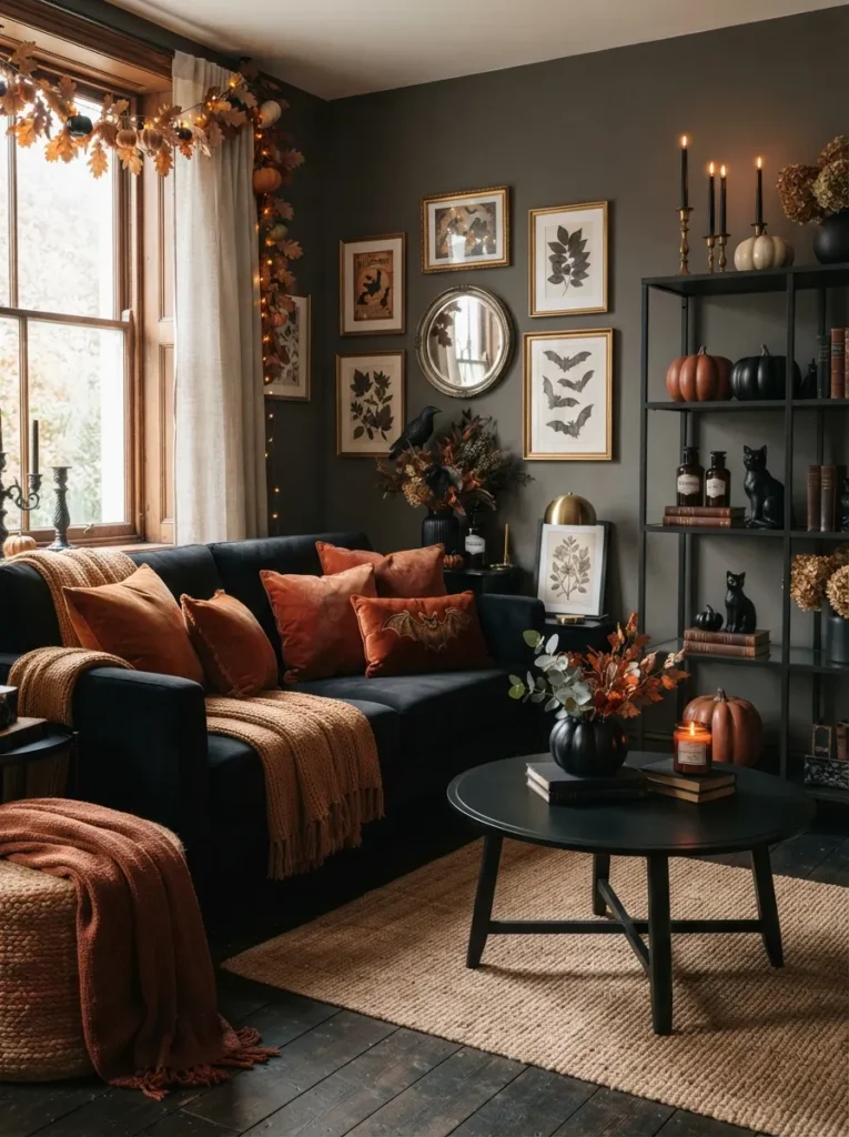 ![A living room featuring deep burnt orange and rust-colored velvet textiles contrasted against matte black furniture, sophisticated autumnal aesthetic, soft natural lighting, vertical Pinterest photography, high-end classic Halloween styling.]