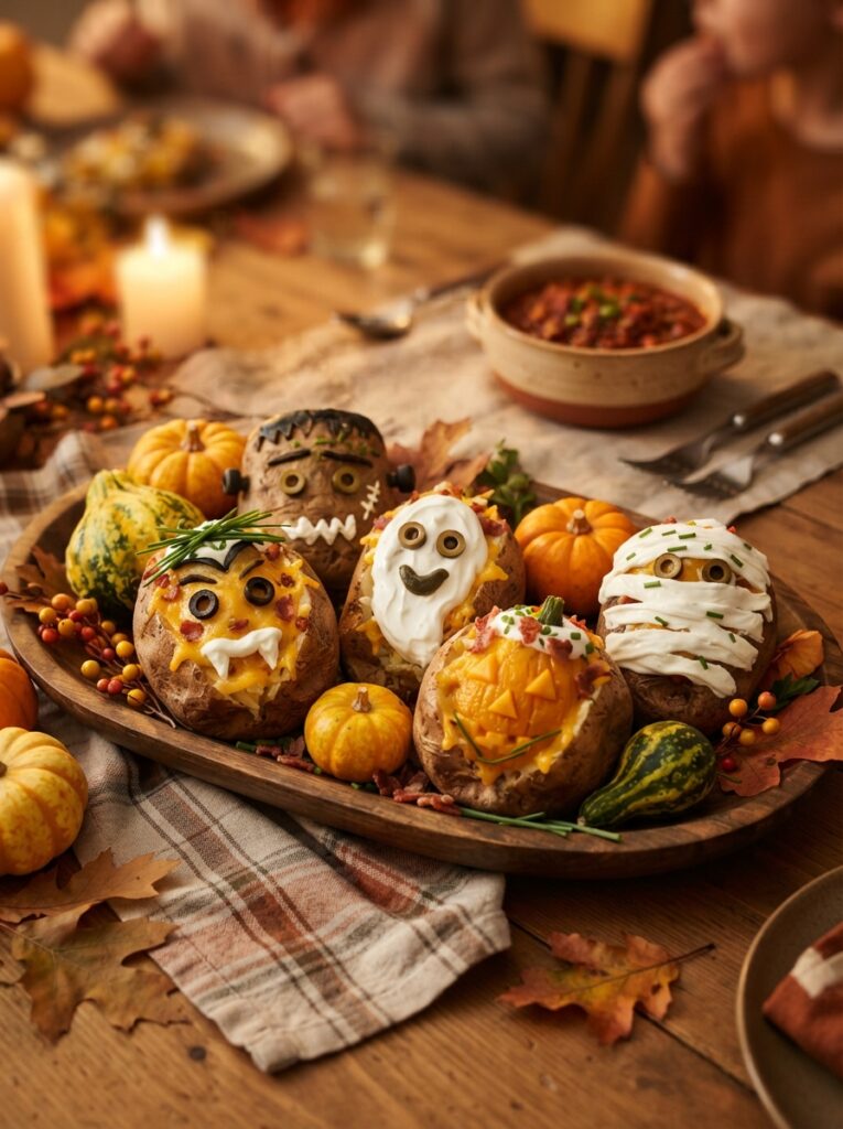 ![Several individual mini pumpkin-shaped Halloween pizzas arranged on a rustic baking tray, each with tomato sauce, melted mozzarella and toppings arranged into cute jack-o'-lantern faces, golden crispy edges, small bowls of toppings nearby for kids to customize, warm cozy kitchen setting, pumpkins and autumn decorations in background, appetizing realistic food photography, vertical Pinterest composition, no text.]