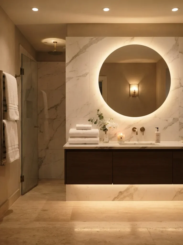 ![Soft layered lighting in a bathroom, creating a hotel-like atmosphere, warm bathroom lighting, vertical Pinterest photography, warm hotel-style-lighting styling.]
