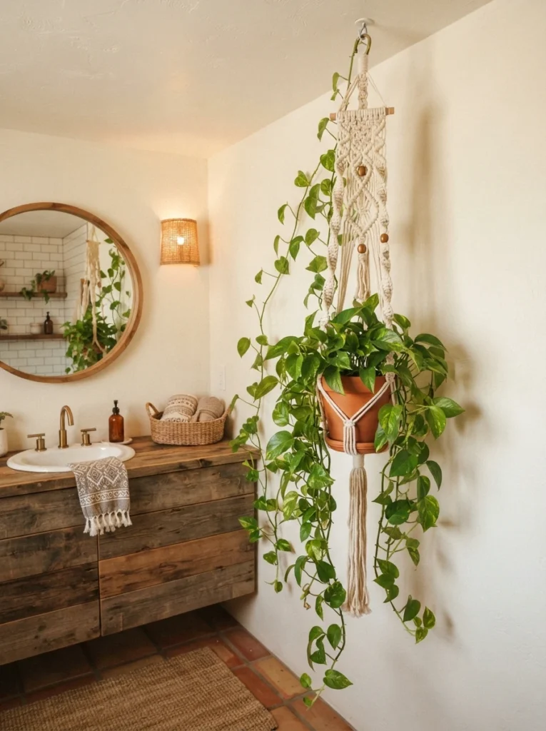 A macrame plant hanger in a boho bathroom, trailing greenery cascading down, warm bathroom lighting, vertical Pinterest photography, warm macrame-hanger styling.