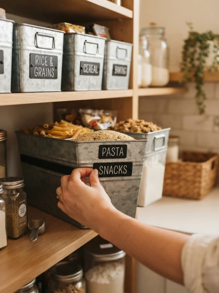 Magnetic labels on metal pantry bins, easily repositioned, warm kitchen lighting, vertical Pinterest photography, warm magnetic styling.
