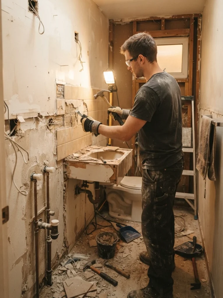 A homeowner doing DIY demolition work in a small bathroom, plumbing left to a professional, warm bathroom lighting, vertical Pinterest photography, warm DIY-split styling.