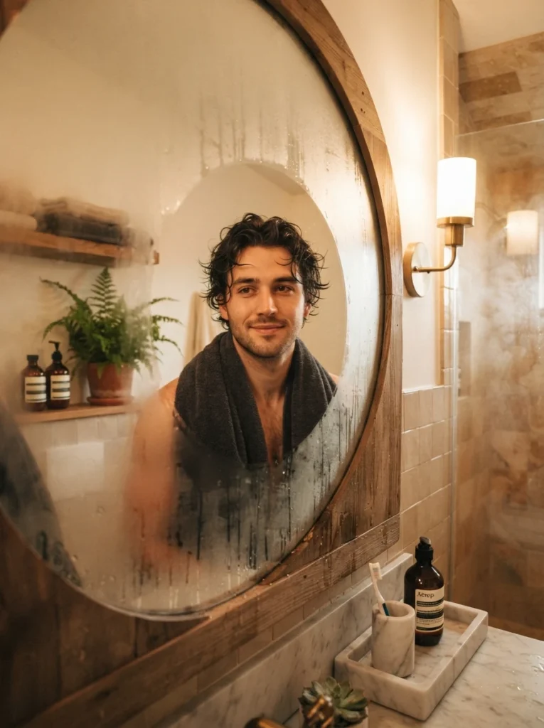 A defogged mirror in a spa-style bathroom, clear reflection after a hot shower, warm bathroom lighting, vertical Pinterest photography, warm mirror-defogger styling.
