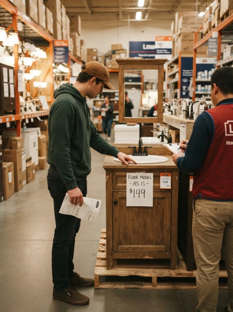 A discounted floor-model vanity being purchased at a hardware store, budget-friendly remodel sourcing, warm bathroom lighting, vertical Pinterest photography, warm floor-model styling