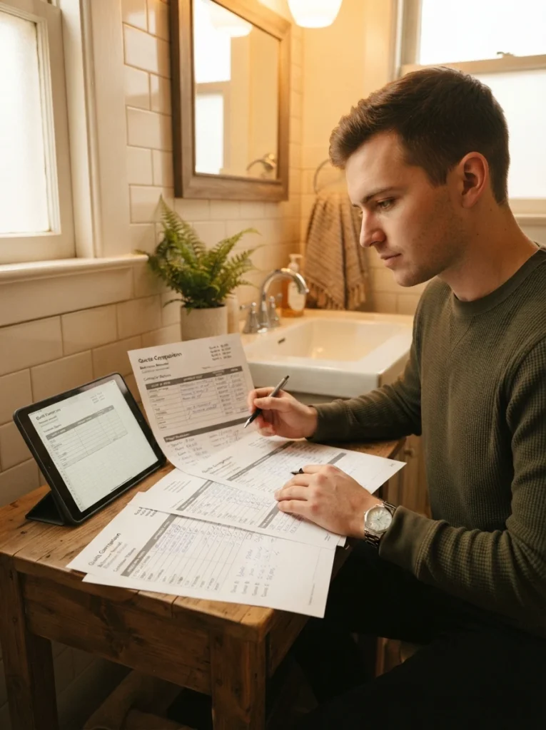 Multiple contractor quotes being compared for a small bathroom remodel, warm bathroom lighting, vertical Pinterest photography, warm quote-comparison styling.