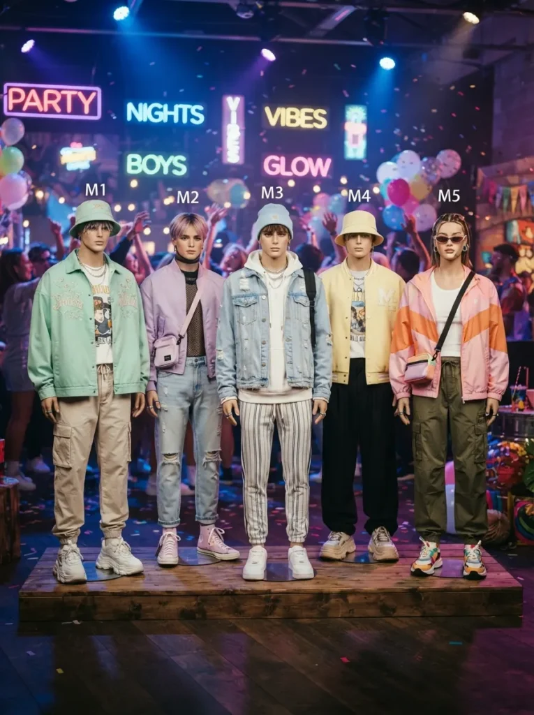 ![Saja Boys inspired KPop Demon Hunters Halloween group costume, five young adults in coordinated pastel streetwear, stylish jackets, modern hairstyles and playful boy-band poses, colorful party background, cinematic lighting, realistic photography, vertical Pinterest composition, no text.]