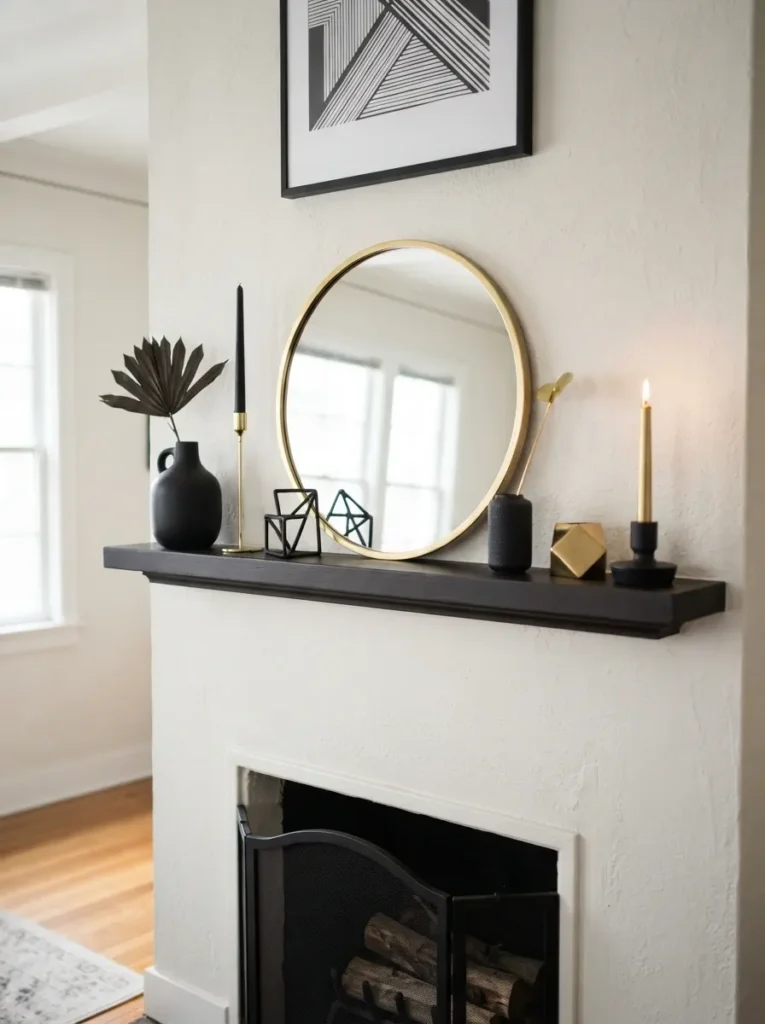 ![A highly disciplined mantel display using exclusively matte black and bright brass decor items, minimalist and incredibly striking, soft ambient daytime lighting, vertical Pinterest photography, restricted two-color palette styling.]