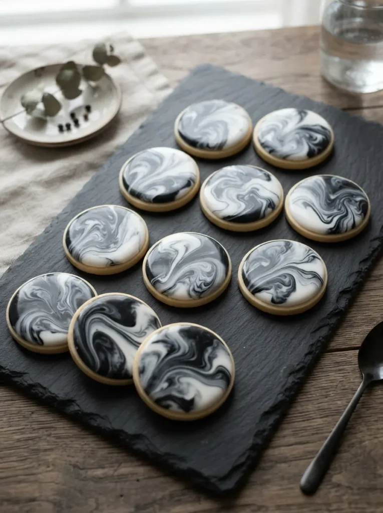 ![Round sugar cookies featuring a mesmerizing, swirled black and white marbled icing glaze, looking like eerie smoke, resting on a dark slate tray, vertical Pinterest photography, high-end marbled cookie styling.]