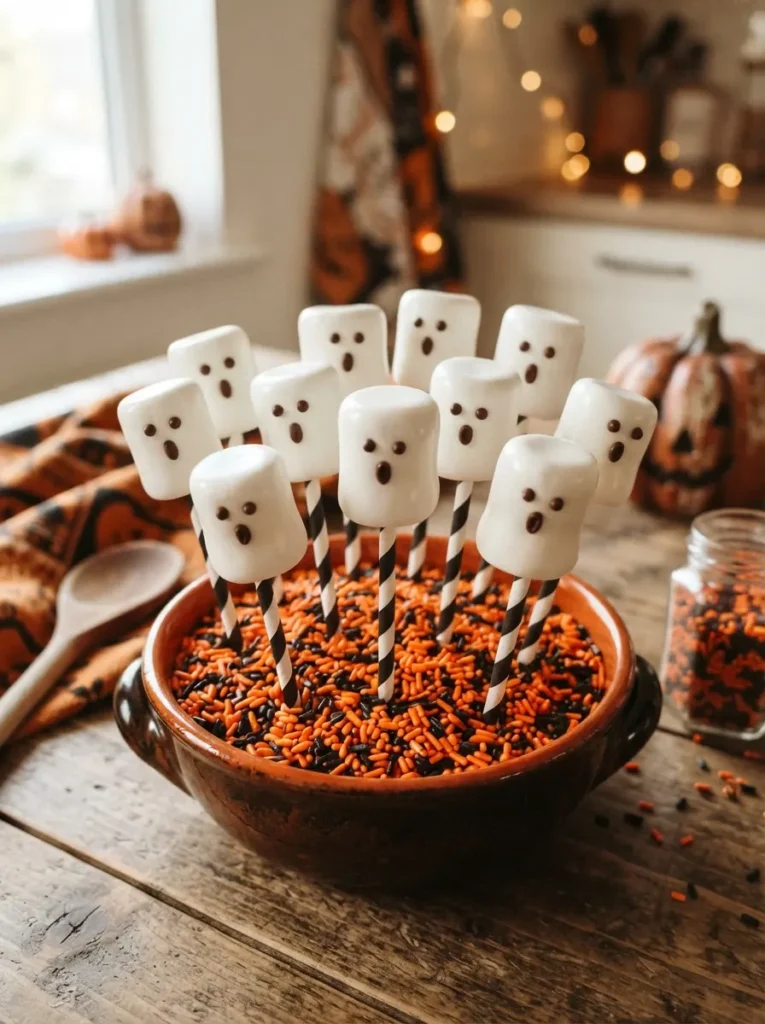 ![Halloween marshmallow ghost pops dipped in white candy coating with tiny chocolate faces, displayed upright in a bowl of orange and black sprinkles, vertical Pinterest photography.]