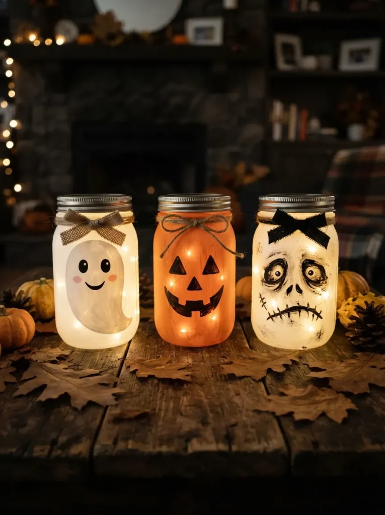 ![Three handmade mason jar Halloween lanterns arranged on a rustic wooden table, one painted as a friendly ghost, one as a glowing jack-o'-lantern, and one with creepy black eyes, warm LED candlelight glowing through the glass, scattered autumn leaves and miniature pumpkins, dark cozy Halloween atmosphere, realistic home decor photography, vertical Pinterest composition, no text.]