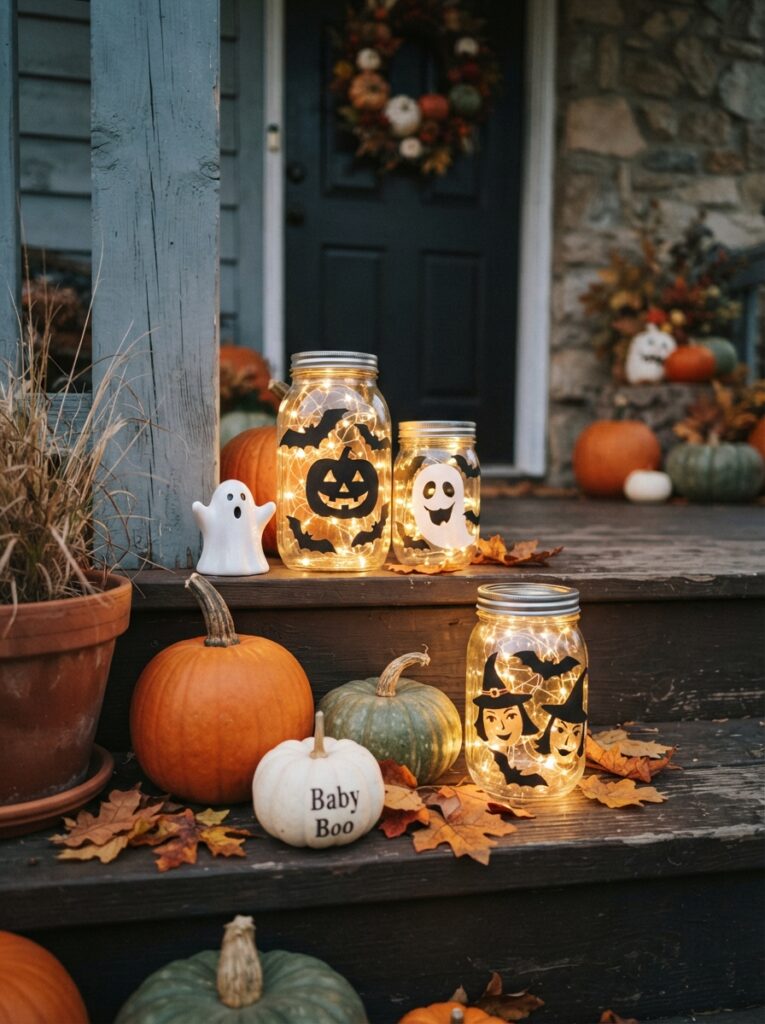 ![Halloween mason jar lanterns filled with warm fairy lights, decorated with black bats and spooky faces, arranged on a porch step with pumpkins, vertical Pinterest photography.]