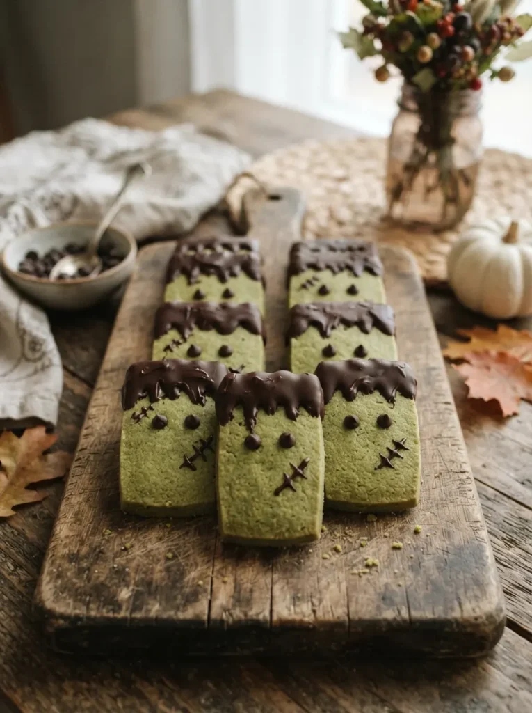 ![Rectangular shortbread cookies naturally tinted green with matcha, the top edges dipped in dark chocolate to resemble Frankenstein's hair, resting on a wooden board, vertical Pinterest photography, natural artisan Halloween styling.]