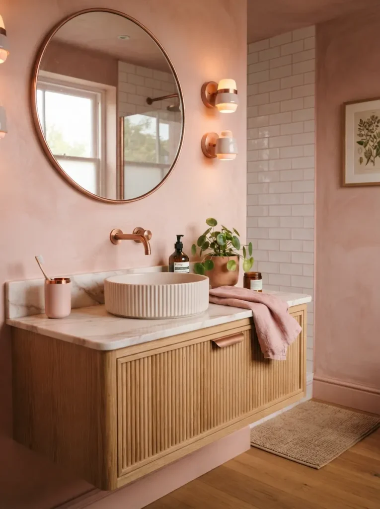 ![Fixture finish carefully matched to a bathroom's pink undertone, cohesive overall look, warm bathroom lighting, vertical Pinterest photography, warm undertone-matched-fixture styling.]
