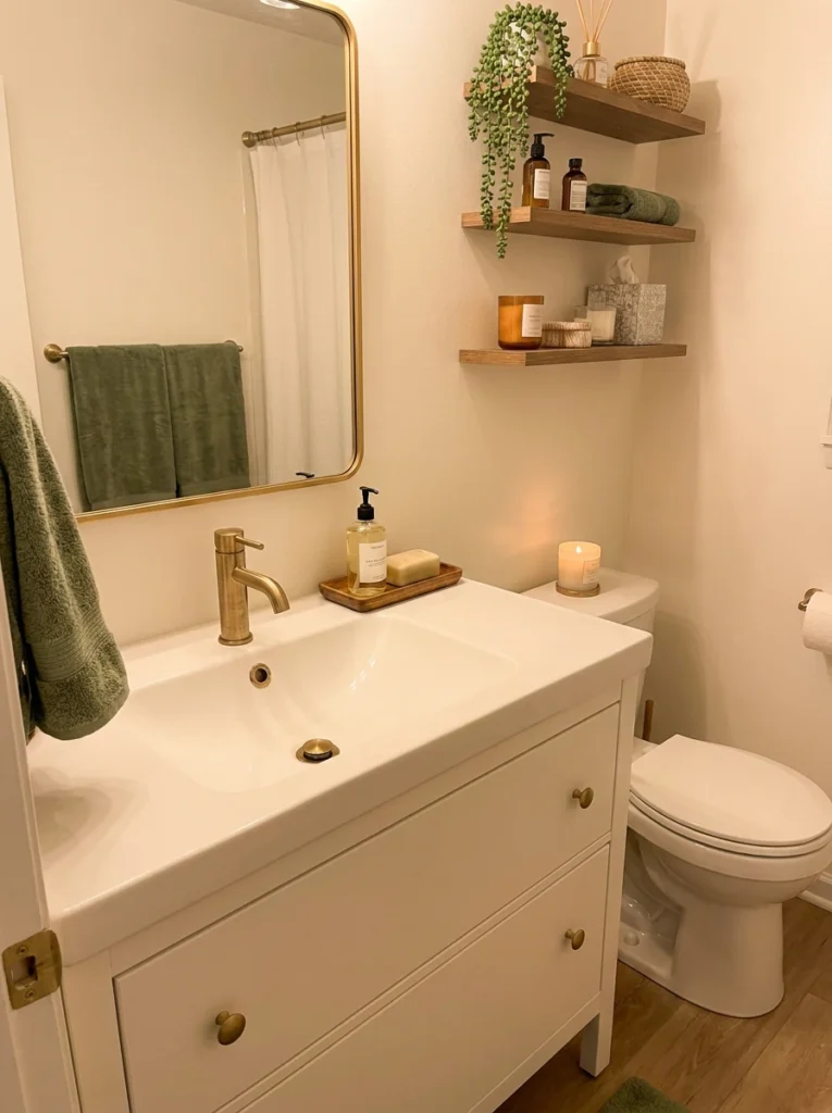 Updated matte black hardware and faucet installed in a rental bathroom, original hardware saved for move-out, warm bathroom lighting, vertical Pinterest photography, warm hardware-swap styling.
